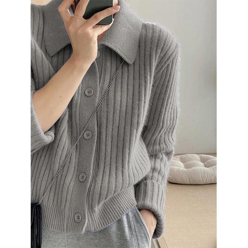 Solid Color Polo Neck Knitted Cardigan Women's Autumn and Winter New Loose Lazy Sweater Jacket Lazy Style