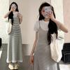 2026 Summer Casual Maternity Two-Piece Set: Short-Sleeved T-Shirt + Striped Slimming Overalls Skirt