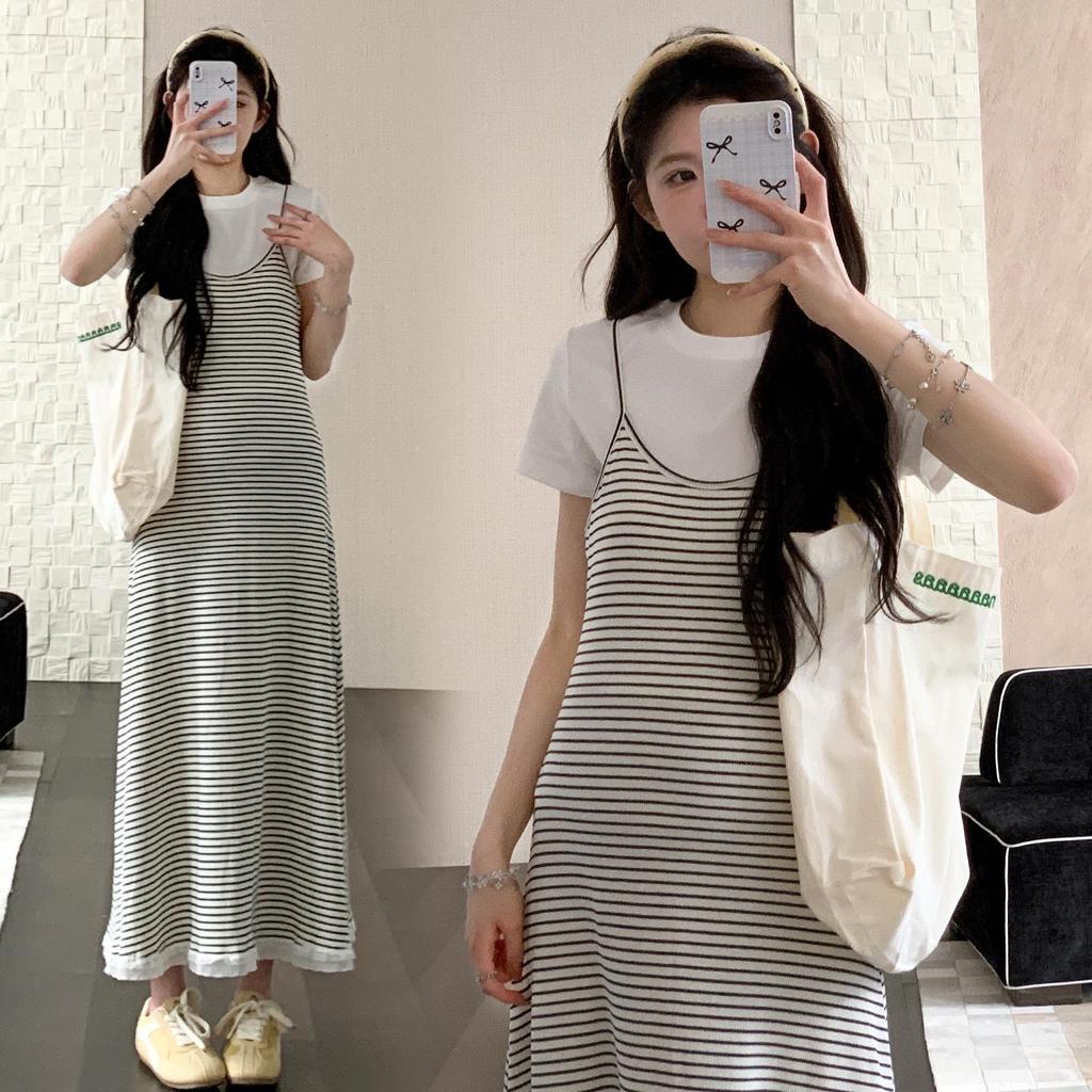 2026 Summer Casual Maternity Two-Piece Set: Short-Sleeved T-Shirt + Striped Slimming Overalls Skirt