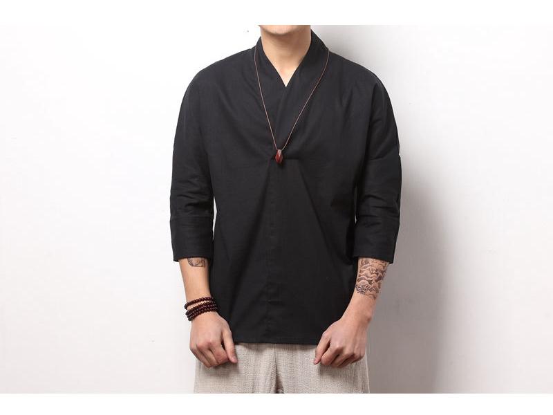 Men's Chinese Cotton-Linen V-Neck Retro Hanfu T-Shirt, Summer Three-Quarter Sleeve, Loose Plus Size