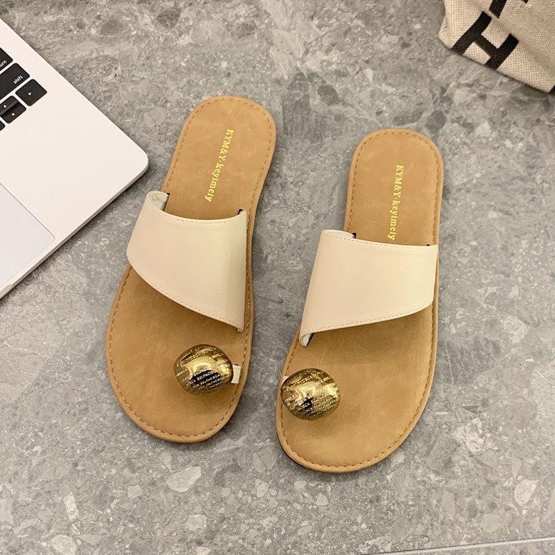 Korean Fashion Metal Buckle Cover Toe Slippers Women's Summer Wear 2025 New Flat-bottomed Comfortable One-word Cool Slippers