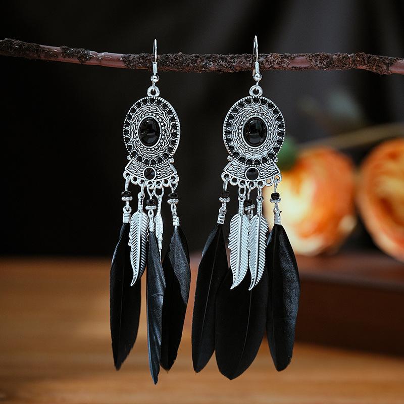 

Bohemian Ethnic Long Drop Feather Earrings For Women Beads Handmade Enamel Boho Dangle Earrings Copper Color Zircon Pendientes чорний