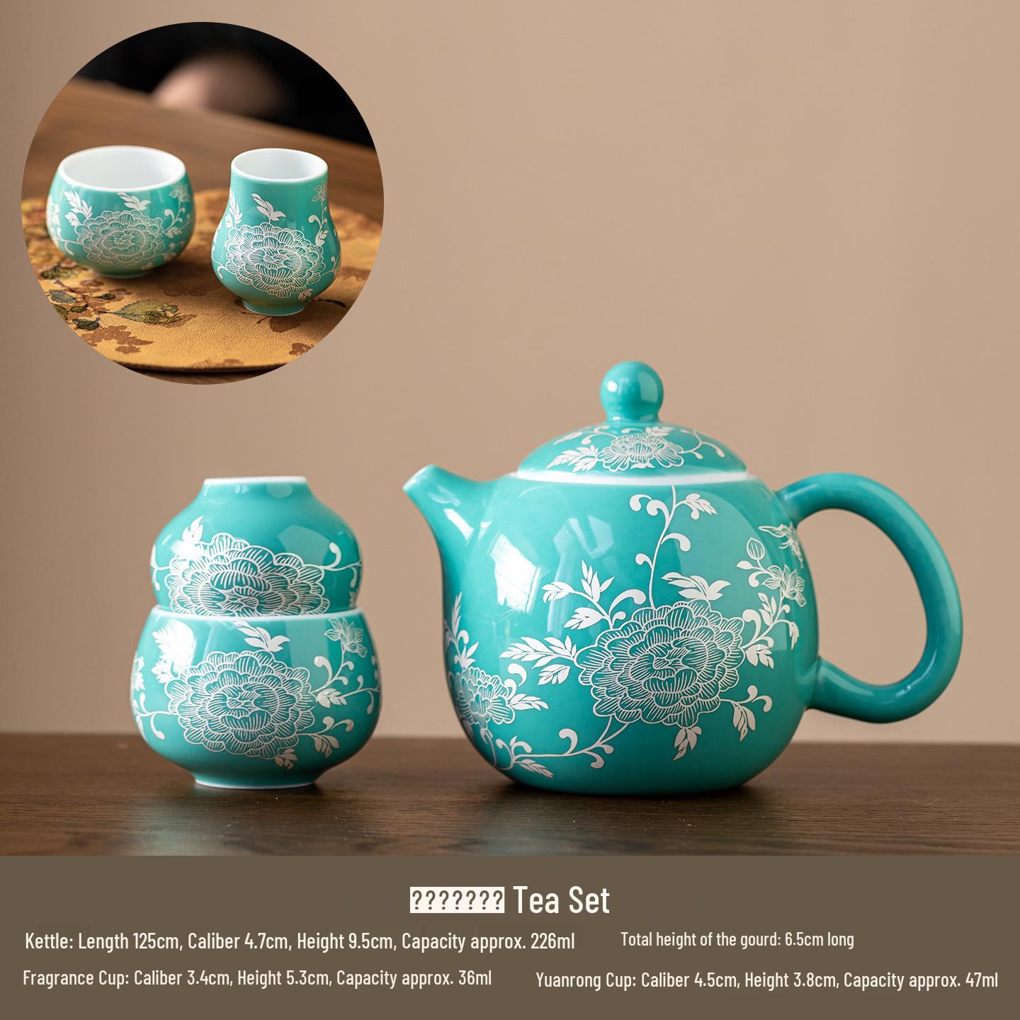 Silver Peony Dragon Tea Set: Ceramic Teapot with Gourd Pair Cups for Kung Fu Tea Ceremony.