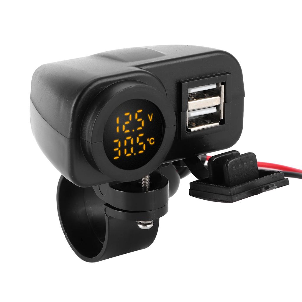 Motorcycle Dual USB Voltmeter Charger MultiFunction Temperature Meter with Waterproof Cover