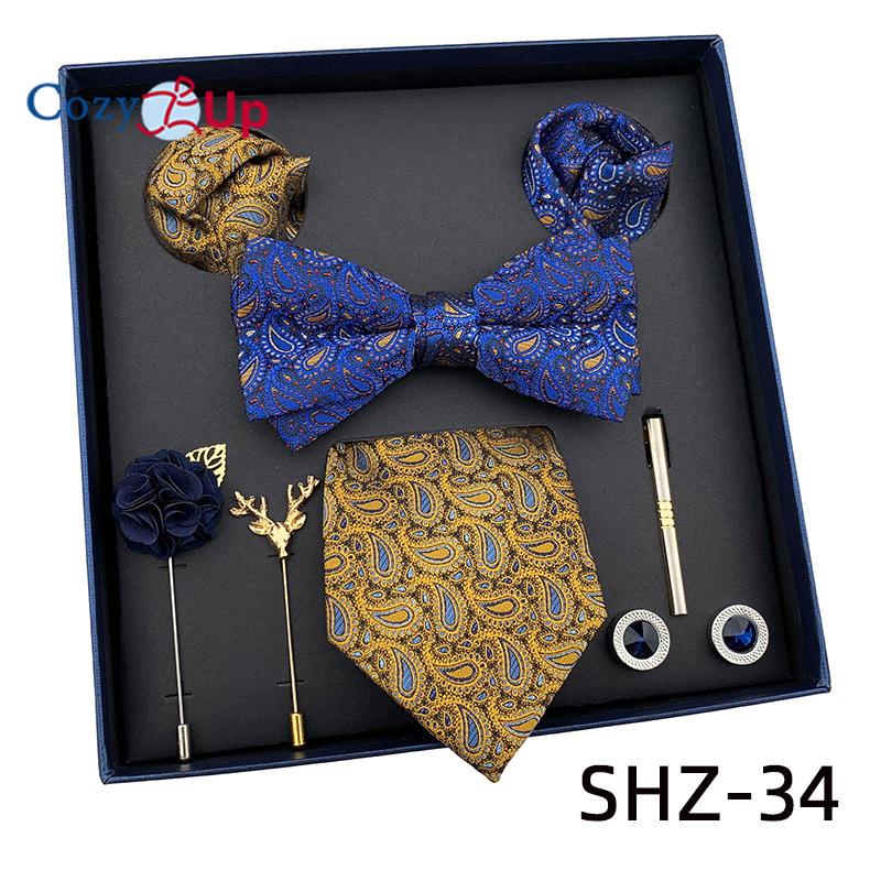 7 PCS Classic Men's  Tie Set Paisley Stripe Necktie for Men Pocket Square Bowtie  Brooch Cuff Father's Day Gift Box