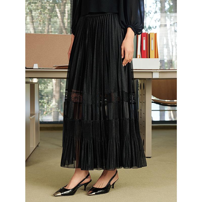 JZ Jiuzi Shopping Mall Same Elegant Light Mature Mesh Lace Splicing Folded Half Length Skirt for Women 2025 Spring New Style