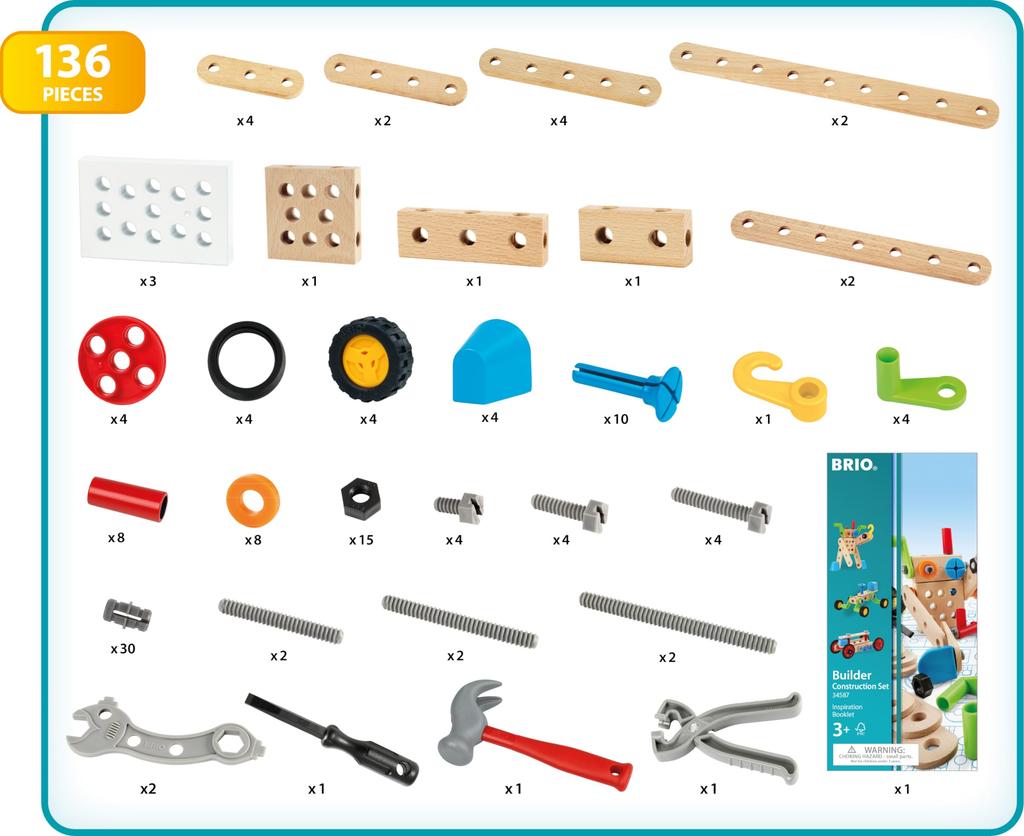 BRIO Builder Construction Set [136 Pieces] for Ages 3 and Up (Carpenter Tool Play Toy, Educational Toy) 34587