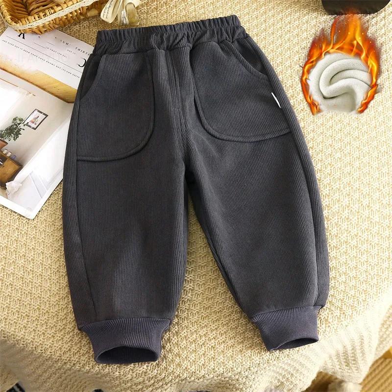 Children Velvet Pants Autumn Winter Solid Color Boys Kids Thick Warm Sports Trousers Simple Fashion Korean Girls Baby Pants