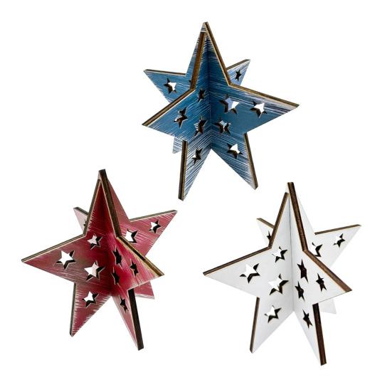 Wooden Independence Day Ornament, 3D Spliced Stars Red White Blue Patriotic Decoration, Fourth of July Decoration