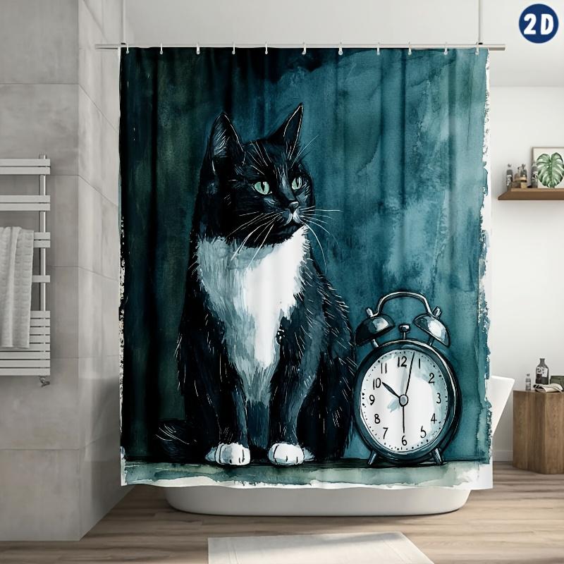 

1pc Black& White Cat Shower Curtain with Plastic Hooks- 70.8x70.8 inch Durable Polyester Bathroom Decor, Machine Washable Waterc 90x180cm35x71in