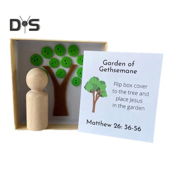 Scatola Settimana Santa Fai da te Gioco della Resurrezione Kit per Raccontare Storie Carte della Storia di Pasqua con Figurine in Legno Decorazioni Religiose per Riempitivi Cesto di Pasqua