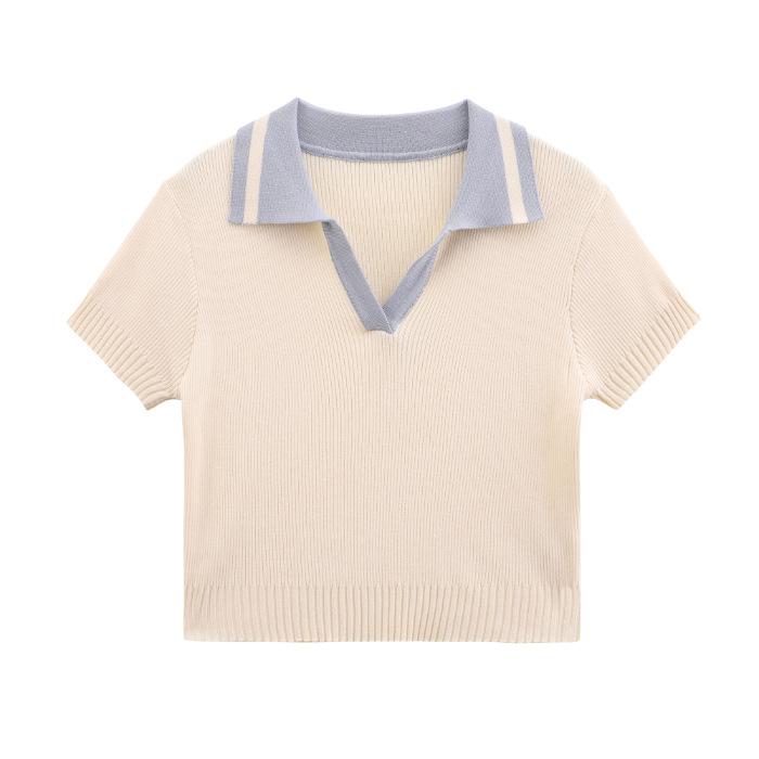 Summer New Design Polo Neck Ice Silk Knitted Shirt Slim Sleeve Short Sleeve T-Shirt Women's Short Top