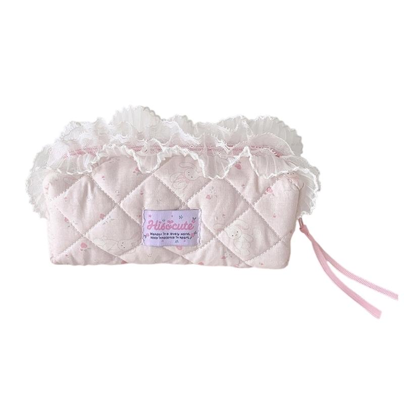 Quilted Pencil Pouch Bag Zippers Pen Case with Lace Trim, Stationeries Organizers for Students, Desk and School Bag Carry