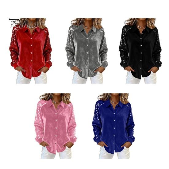 Soft Breathable Shirt Women Button-Down Lapel Long Sleeve Tops Solid Color Glitter Loose Fit Shiny Sequins Velvet Cocktail Party Wear Sweat-absorbent