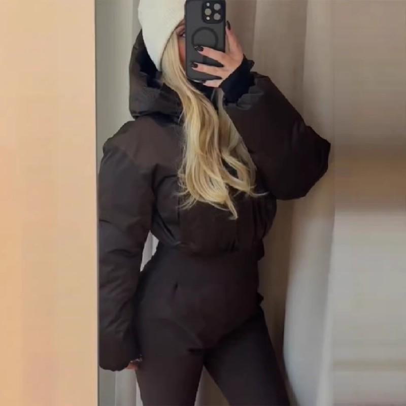Womens Winter Casual Fashion Detachable Hooded Ski Jumpsuit S-L Black/White/Brown