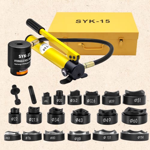 Bonvoisin Hydraulic Puncher, Manual Hole Punch, 15 Ton, for Stainless Steel and Steel Plates, Construction, and Industrial Use, Includes Dies (SYK-15