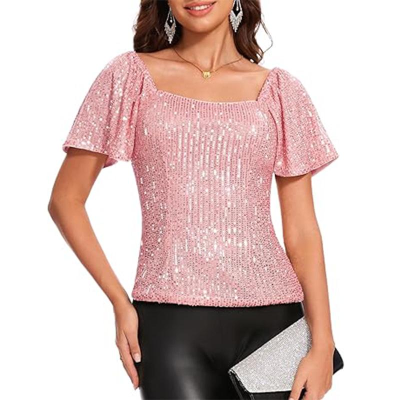 2026 Women's Fashionable Short Sleeve Blouse Square Neck Sequin Puff Sleeve Versatile Glamorous Blouses with Sequins and Puff Sleeves