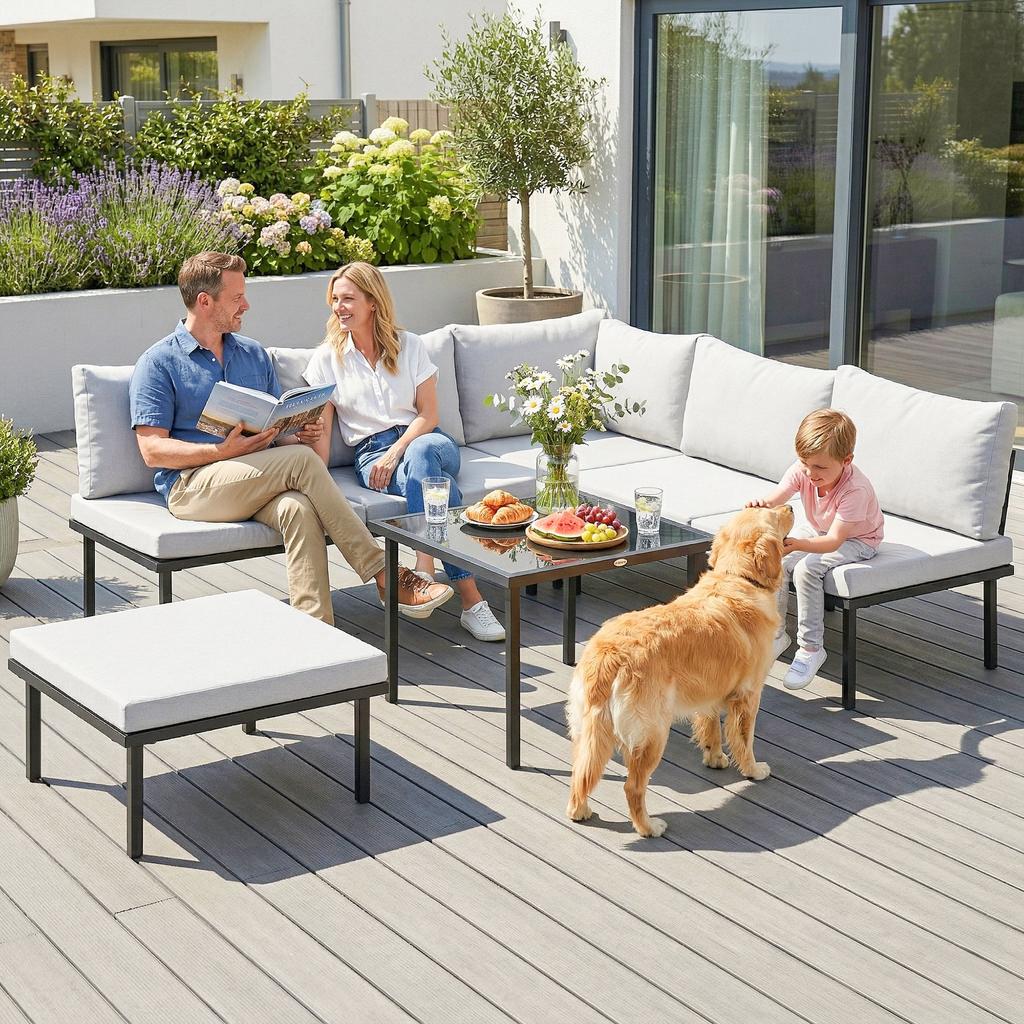 Modular Corner Outdoor Lounge Set for 6, Coffee Table, Tempered Glass, Light Grey