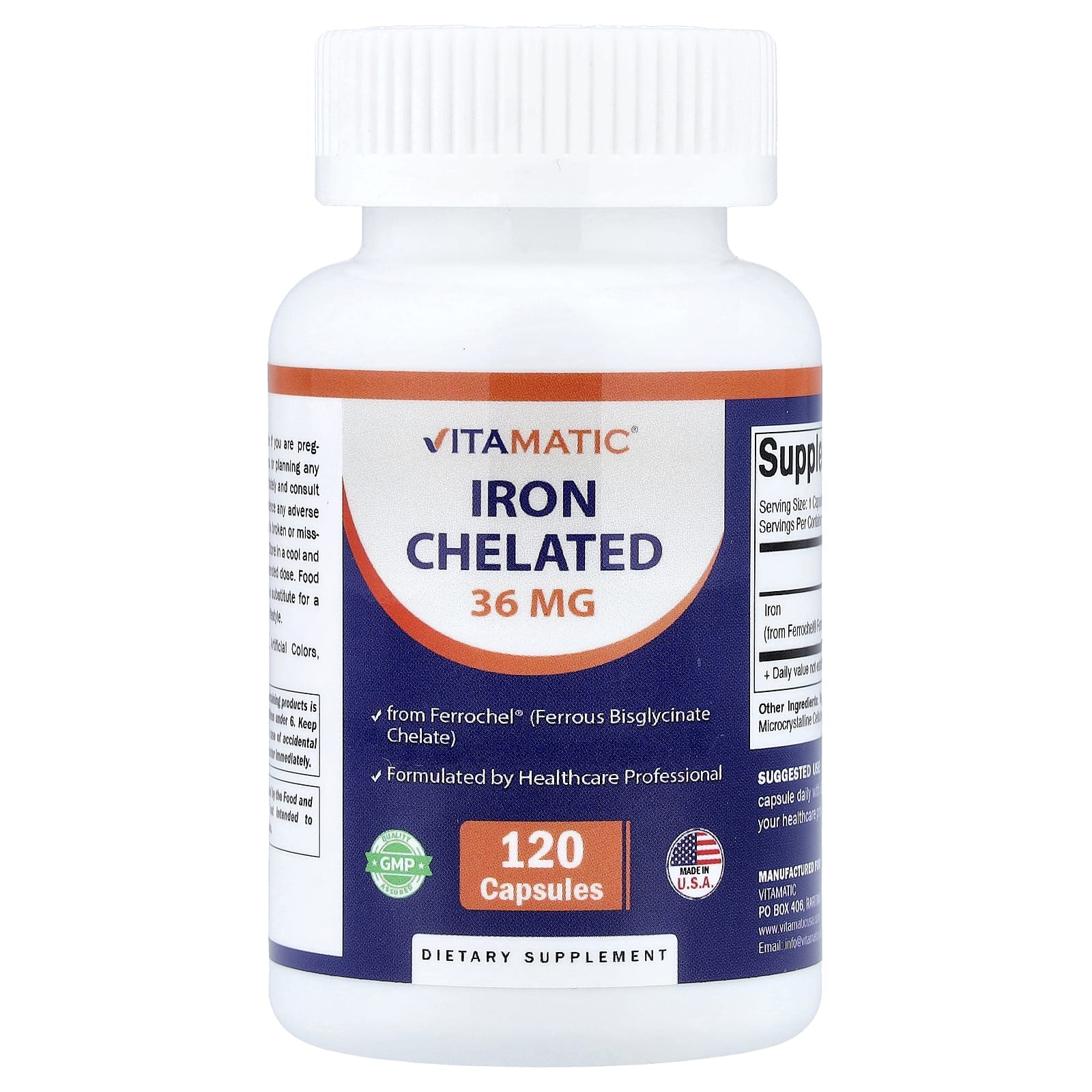 Vitamatic, IJzer Chelaat, 36mg, 120 Capsules