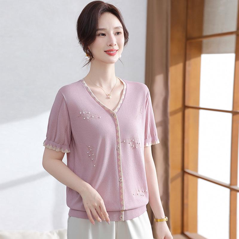

Summer Ice Silk Knit Top for Middle-Aged Women - Short-Sleeve, Stylish, Cooling T-Shirt XL рожевий/фіолетовий