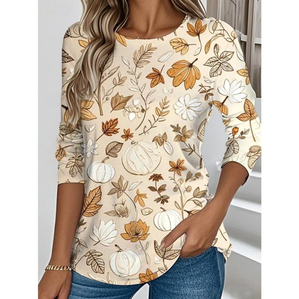 Hauts pour Femmes Imprimé Floral Col Rond Manches Longues T-shirt Automne Décontracté Ajusté Pull Haut à Manches Longues pour Femme