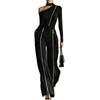 Chic Asymmetric Neckline Top and Pants Set Elegant Women's High Waist Gold Zipper Wide Leg Trousers Two Piece Set Party Outfits