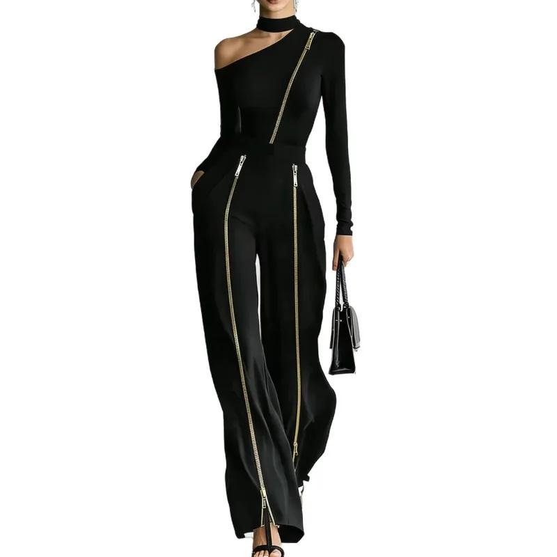 Chic Asymmetric Neckline Top and Pants Set Elegant Women's High Waist Gold Zipper Wide Leg Trousers Two Piece Set Party Outfits