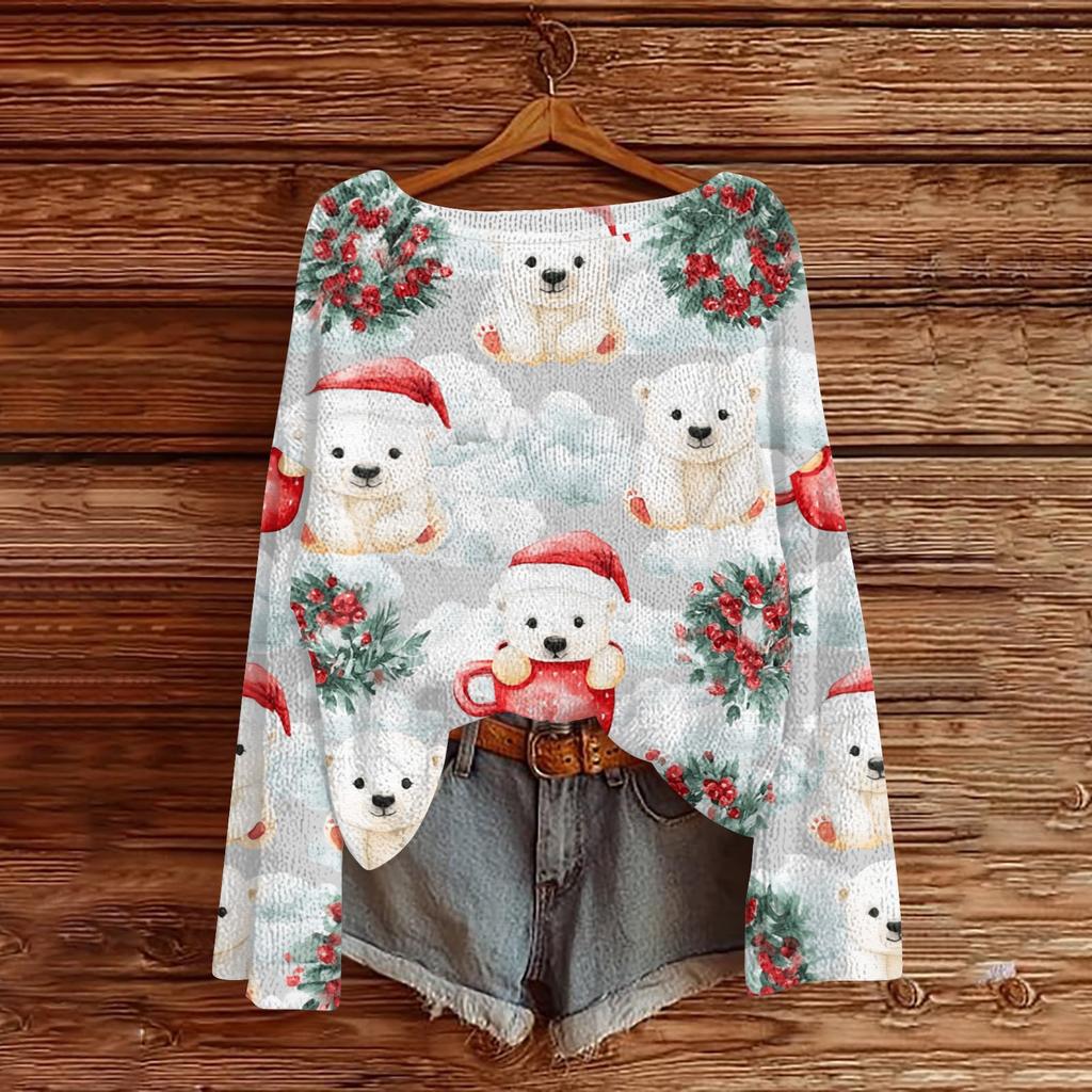 Women's Christmas Print Lightweight Sweater, Casual Long Sleeve Knit Pullover for Holiday
