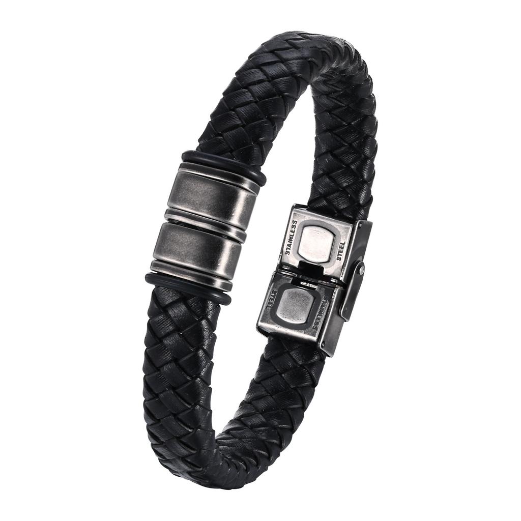Vnox Free Personalized Family Names Stainless Steel Beads Bracelets Gift for Dad Grandpa, Mens Leather Wristband,Christmas Gift