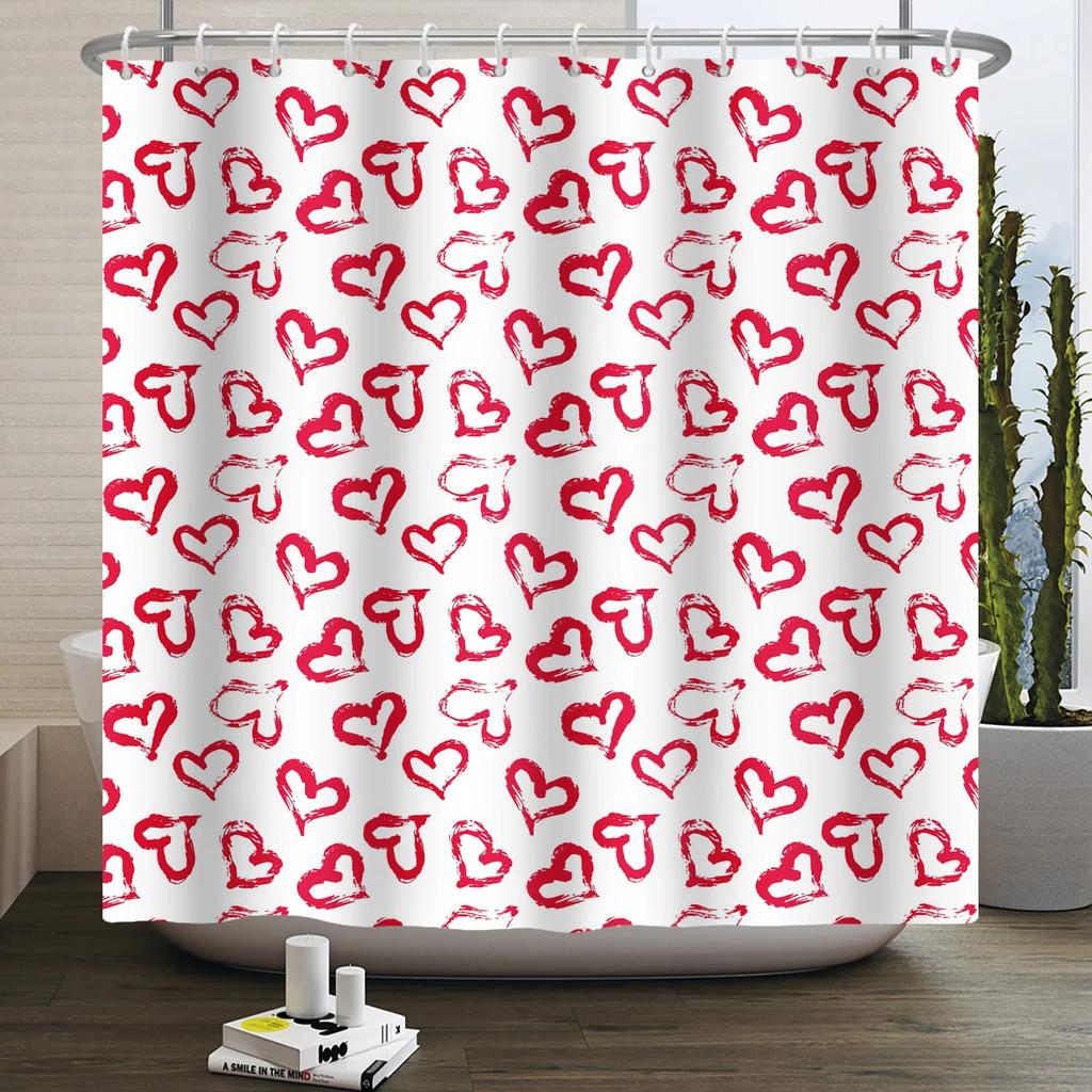 Happy Valentines Day Heart Shower Curtain Red Pink Romantic Falling Love Heart Sweet Lovers Waterproof Bathroom Curtain Decor