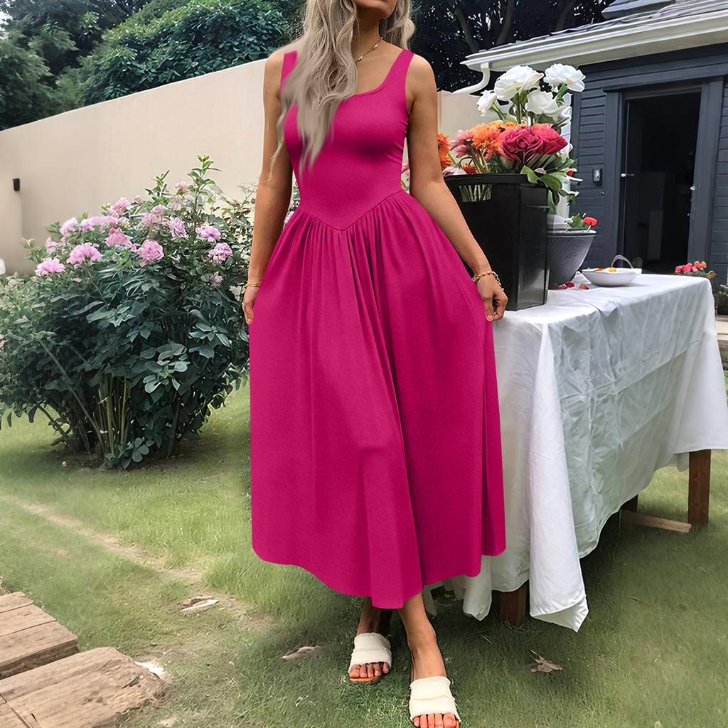 Women's Casual Dress With Square Neck, Long Sleeveless Maxi Dress For Daily Life, Women's Summer Dress