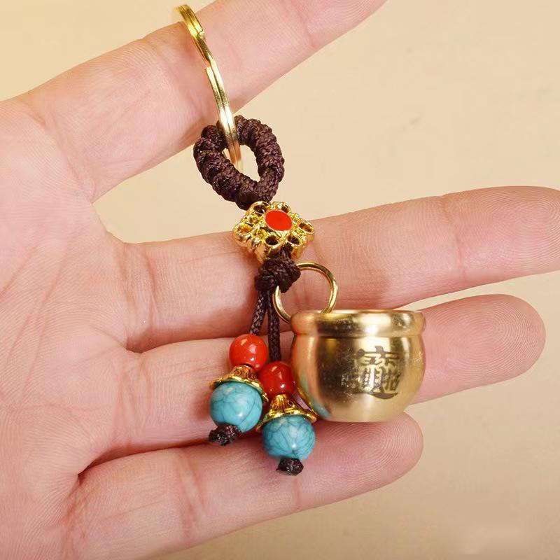 Chinese Feng Shui Gourd Keychain With Five Emperors Money Lucky Pendant Creative Wealth Key Ring Home Office Women Men Bag Charm