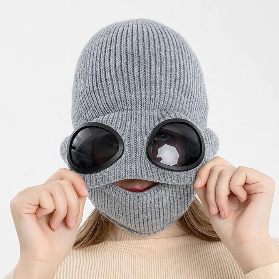 1 Pcs Autumn and Winter Warm Hat New Aviator Glasses Ear Protection Plus Velvet Warm Wool Knitted Hat with Mask New