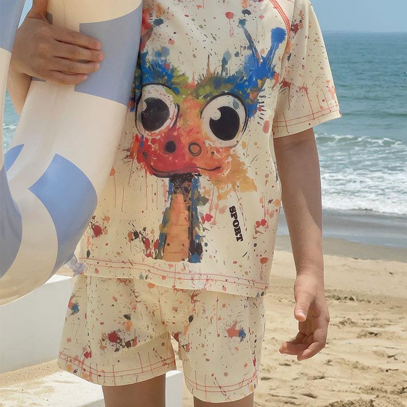 Colorful Cartoon Swimsuit Set for Kids: Short Sleeve Top & Shorts - Perfect for Beach or Hot Spring Adventures