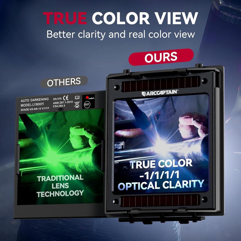 Svetshjälm Självförmörkande, 3,94"X3,66" Stor Visningsskärm Äkta Färgåtergivning Svetshuva med 4 Ljusbågsensorer Solcellsdriven för Män