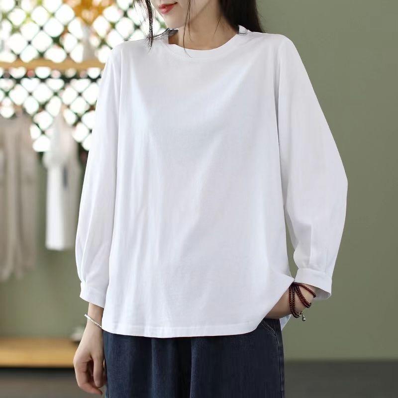 Bomulls T-shirt med nioärm för dam, vår och höst, koreansk stil, enfärgad, lös, plus size, rundhalsad topp