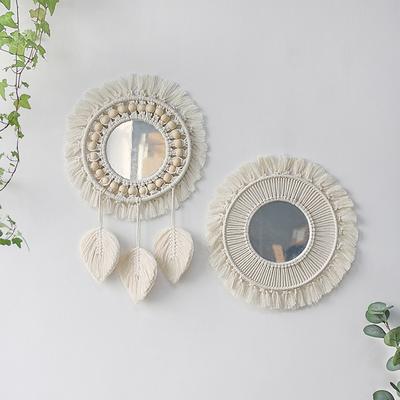 Bohemian Woven Leaf Feathers Hand Woven Tapestry Mirror, Living Room Bedroom Wall Hanging Porch Decorative Mirror