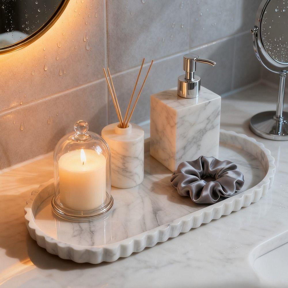 Silicone Oval Storage Tray Marble Pattern Vanity Storage Tray Perfume Storage Tray  Bathroom