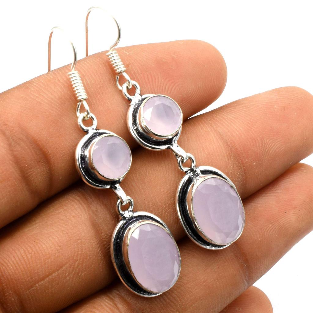 Rose Chalcedony Gemstone Ethnic Handmade Drop Dengle Earring Jewelry ER 012