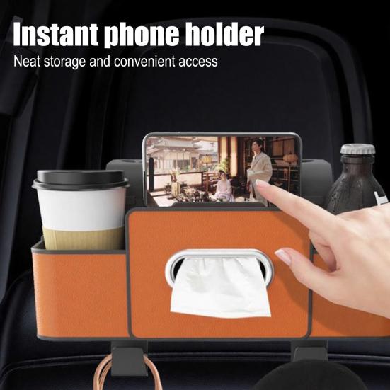 Multifunctional 3?in?1 Car Back Seat Storage Box Faux Leather Backseat Organizer with Tissue Dispenser Cup Holders Hooks for Drinks Phone Handbags