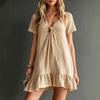 Women's V Neck Short Sleeve Ruffle Hem Cotton Linen Dress Casual Loose Summer Beach Mini Dress