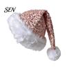 Santa Hat Christmas Sparkly for Women Men, Glitter Sequin with White Fluffy Trim Festive Costume Accessories Cosplay And Pom Pom, Holiday Party Bling