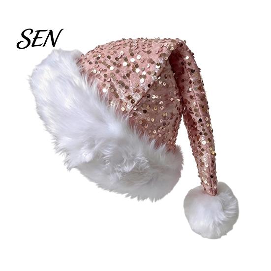 Santa Hat Christmas Sparkly for Women Men, Glitter Sequin with White Fluffy Trim Festive Costume Accessories Cosplay And Pom Pom, Holiday Party Bling
