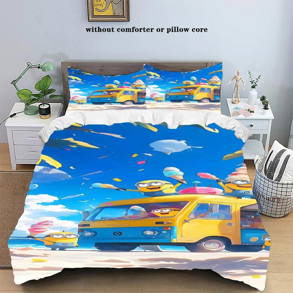 Mini-ons Anime Printed Home Pillowcase Duvet Cover Indoor Bed Comfortable Polyester Three Piece Set Full Size Customizable