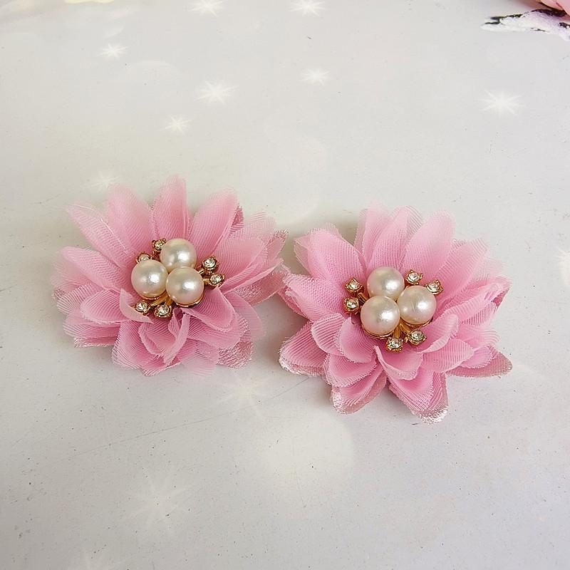 

10 шт./лот 5 см Жемчужный центр Шифоновые цветы Аксессуары для волос DIY Цветок Свадьба Платье для девочек Одежда Украшения темно-розовый