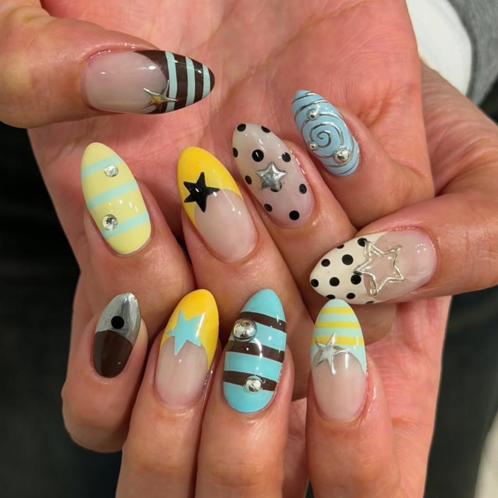 24PCS Colorful Stripes Y2k Almond Press on Nails Summer Yellow French Acrylic Nails Sweet Cool Silver Polka Dots Star Fake Nails