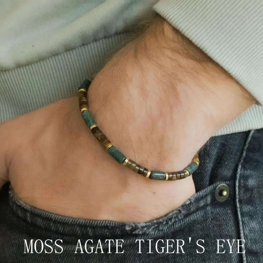 Hochwertiges Herren-Armband mit Perlen aus Moosachat und Tigerauge-Steinen, Symbol für Stärke, Mut und Wohlstand