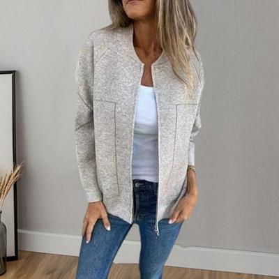 Fall Spring Women Jacket Round Neck Solid Color Long Sleeves Zip-up Baseball Coat Loose Cardigan Daily Wear Outdoor Vacation Shopping Coat