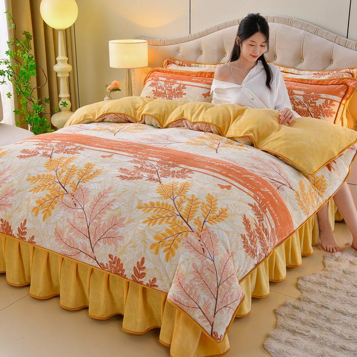 Cozy Flannel 230g Milk Velvet Printed Bed Set with Skirt - New Autumn/Winter Collection, Hot Seller