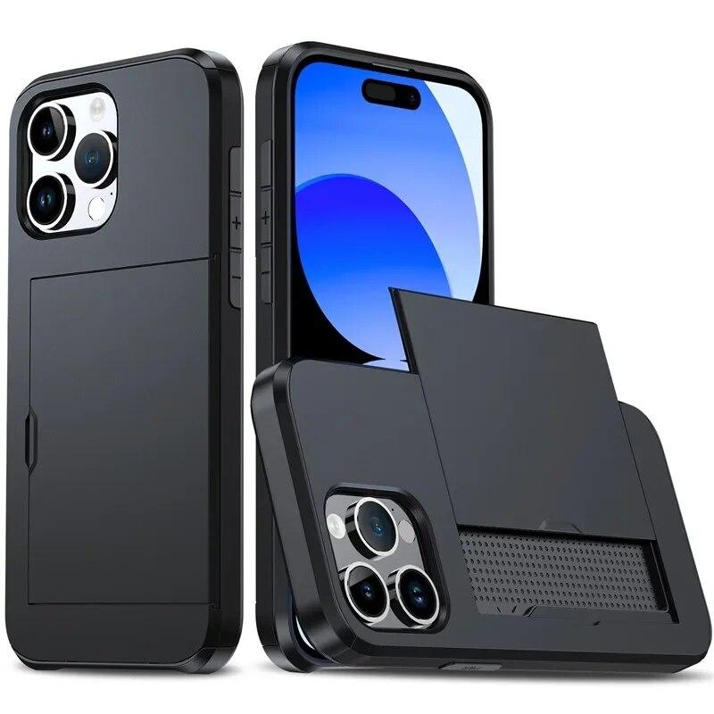 

Бронированный чехол для IPhone 15 14 13 12 11 Pro Max X XR XS 7 8 Plus 2023 тонкий двойной сверхпрочный защитный чехол-кошелек со скрытым слотом для карт iPhone 15 Pro Max чёрный